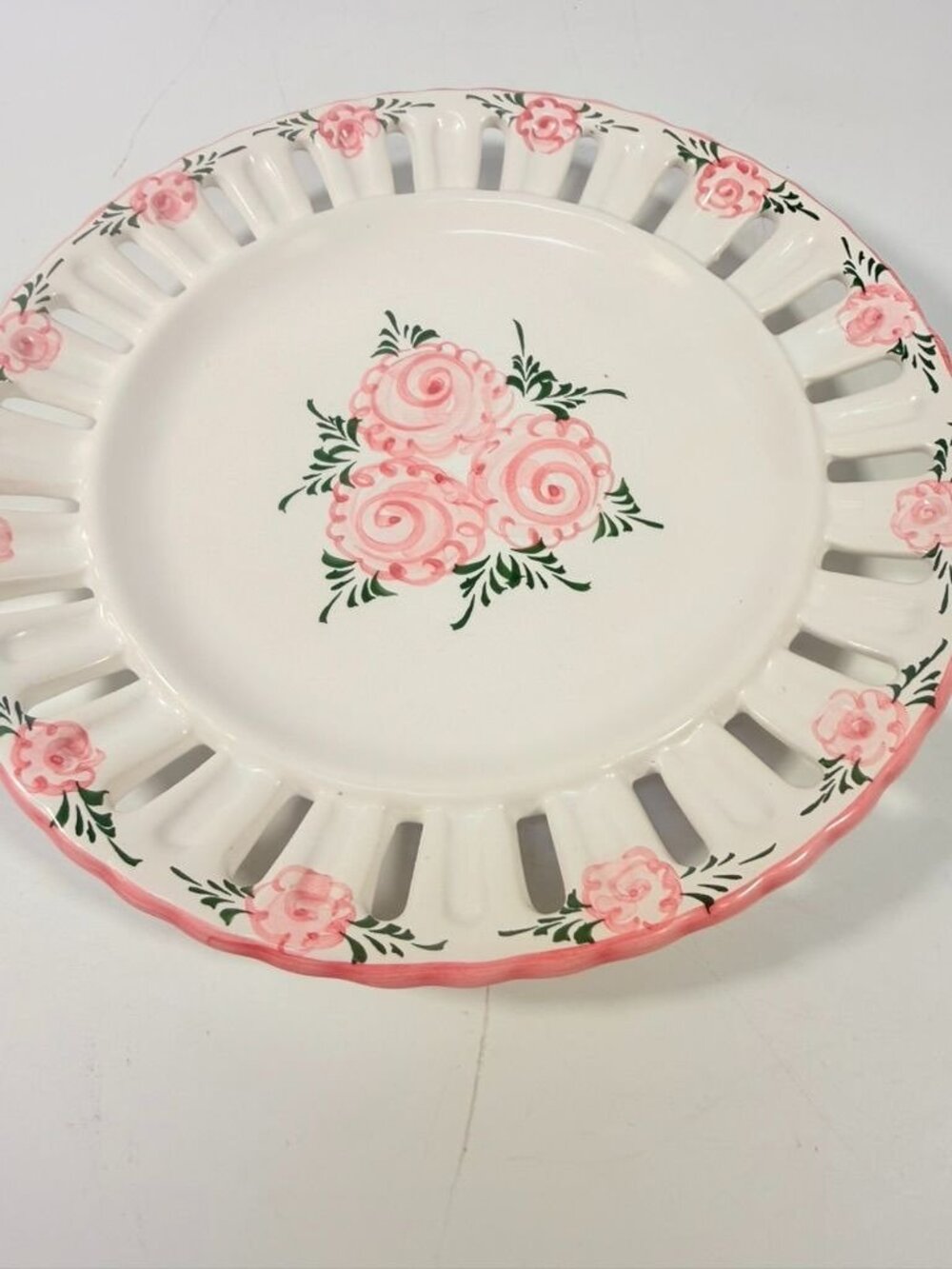 Pottery Reticulated Plate Hand Painted Floral Vintage Vestal Alcobaca Portual Ce - Picture 5 of 16